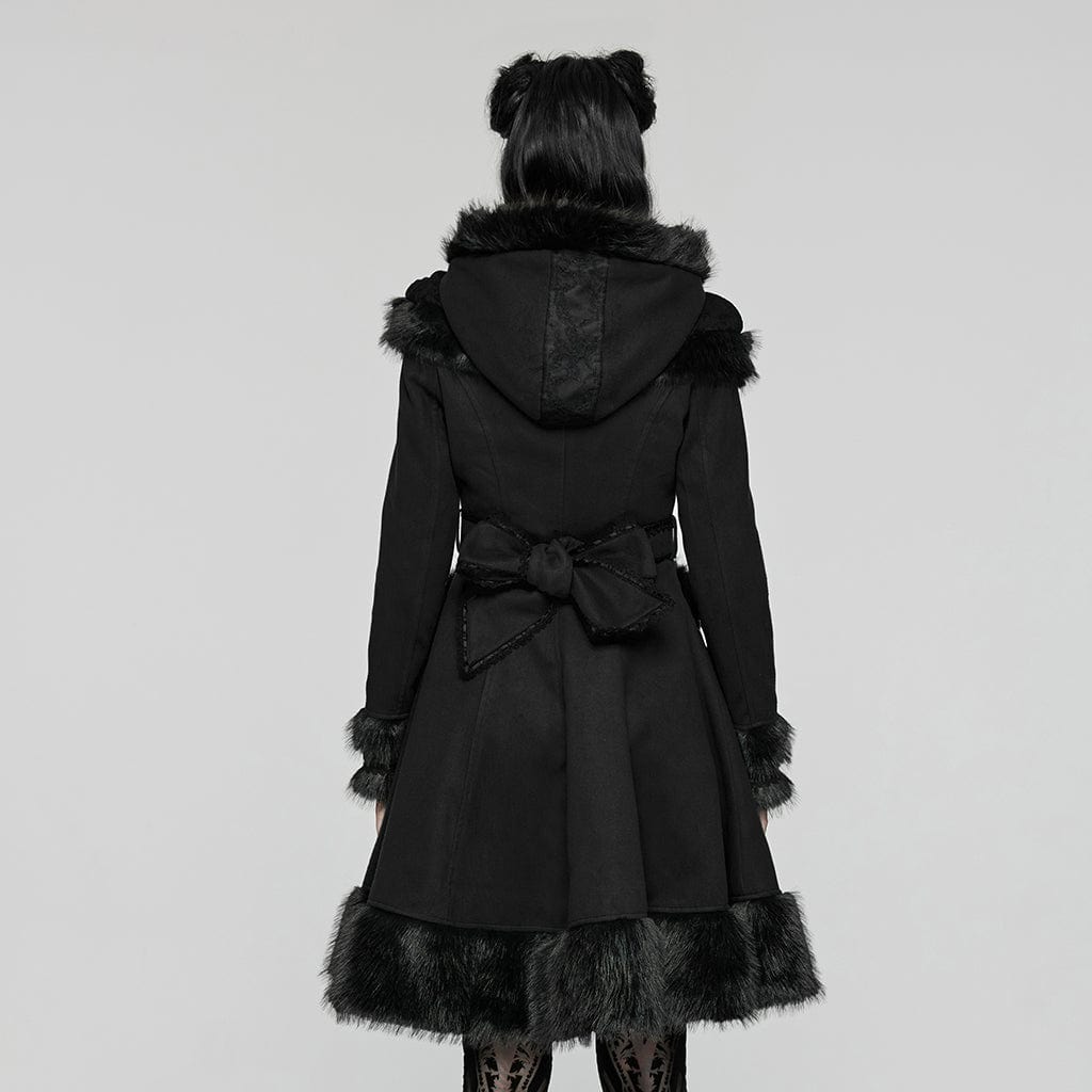 PUNK RAVE Women's Lolita Hooded Bowknot Overcoat