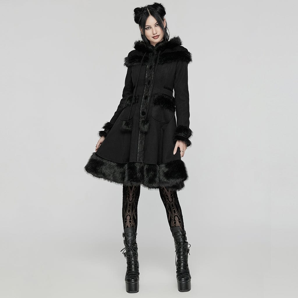 PUNK RAVE Women's Lolita Hooded Bowknot Overcoat