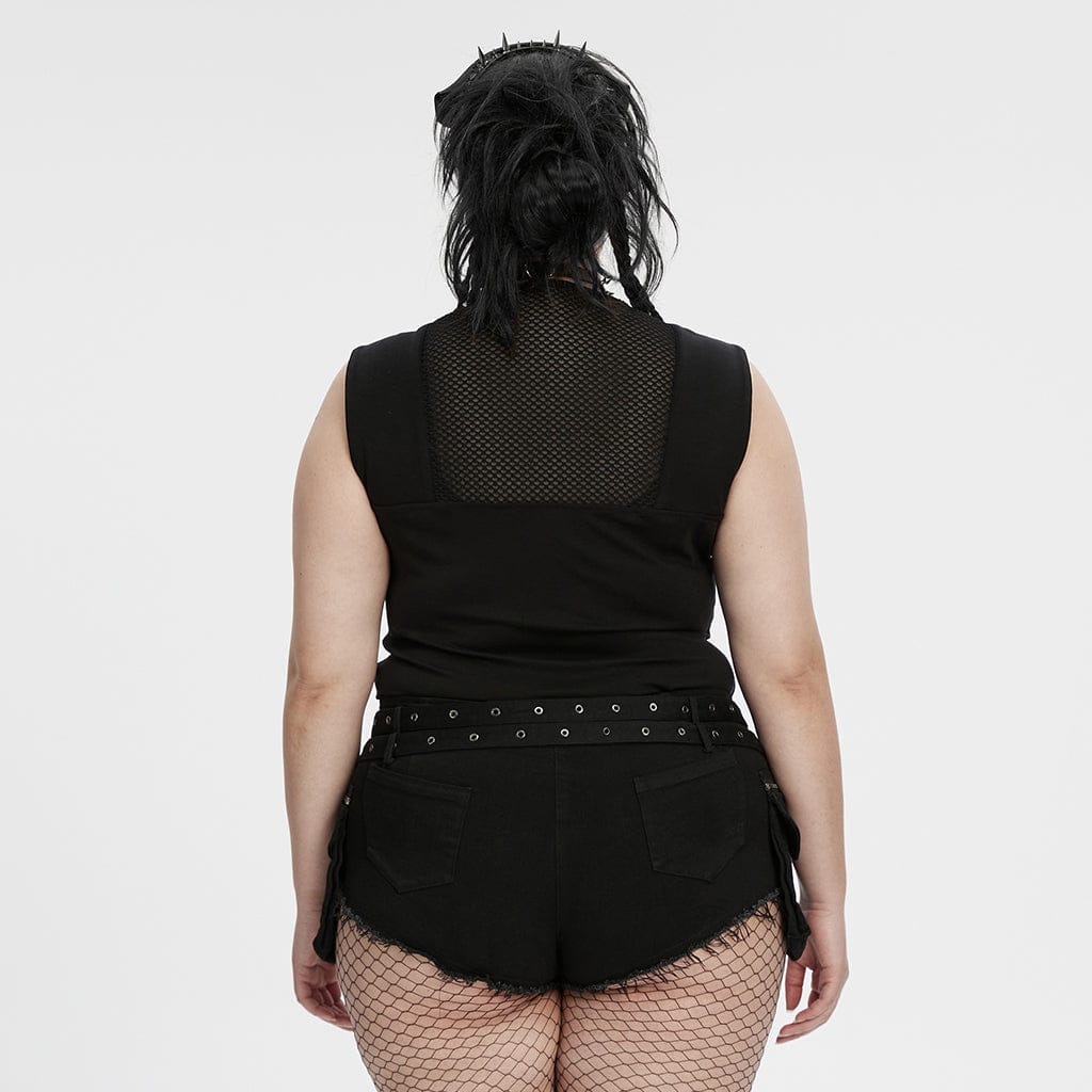 PUNK RAVE Women's Plus Size Cyberpunk Plunging Mesh Splice Tank Top