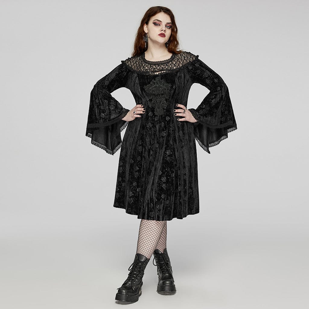 PUNK RAVE Women's Plus Size Gothic Flared Sleeved Embossed Velvet Formal Dress