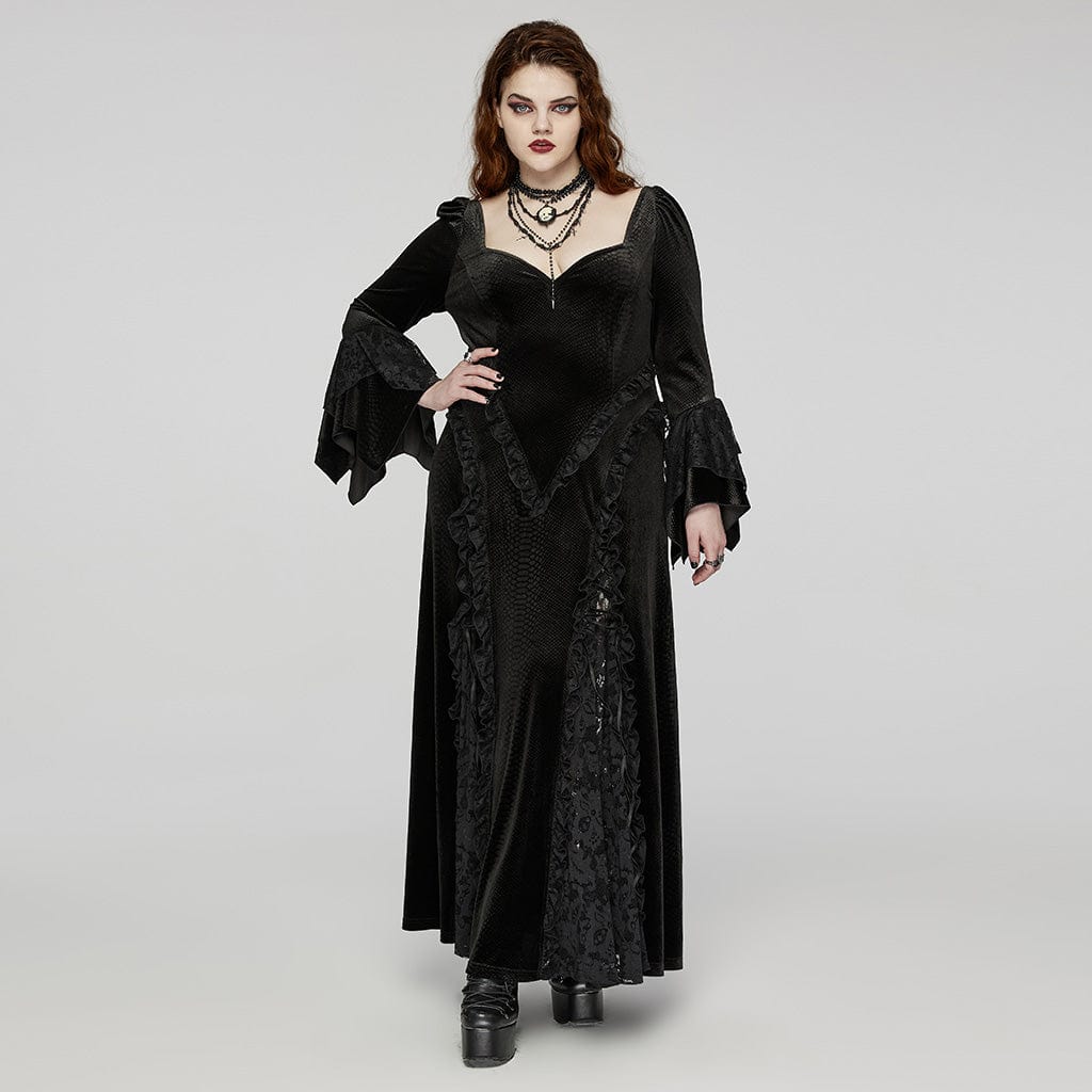 PUNK RAVE Women's Plus Size Gothic Flared Sleeved Embossed Velvet Prom Dress