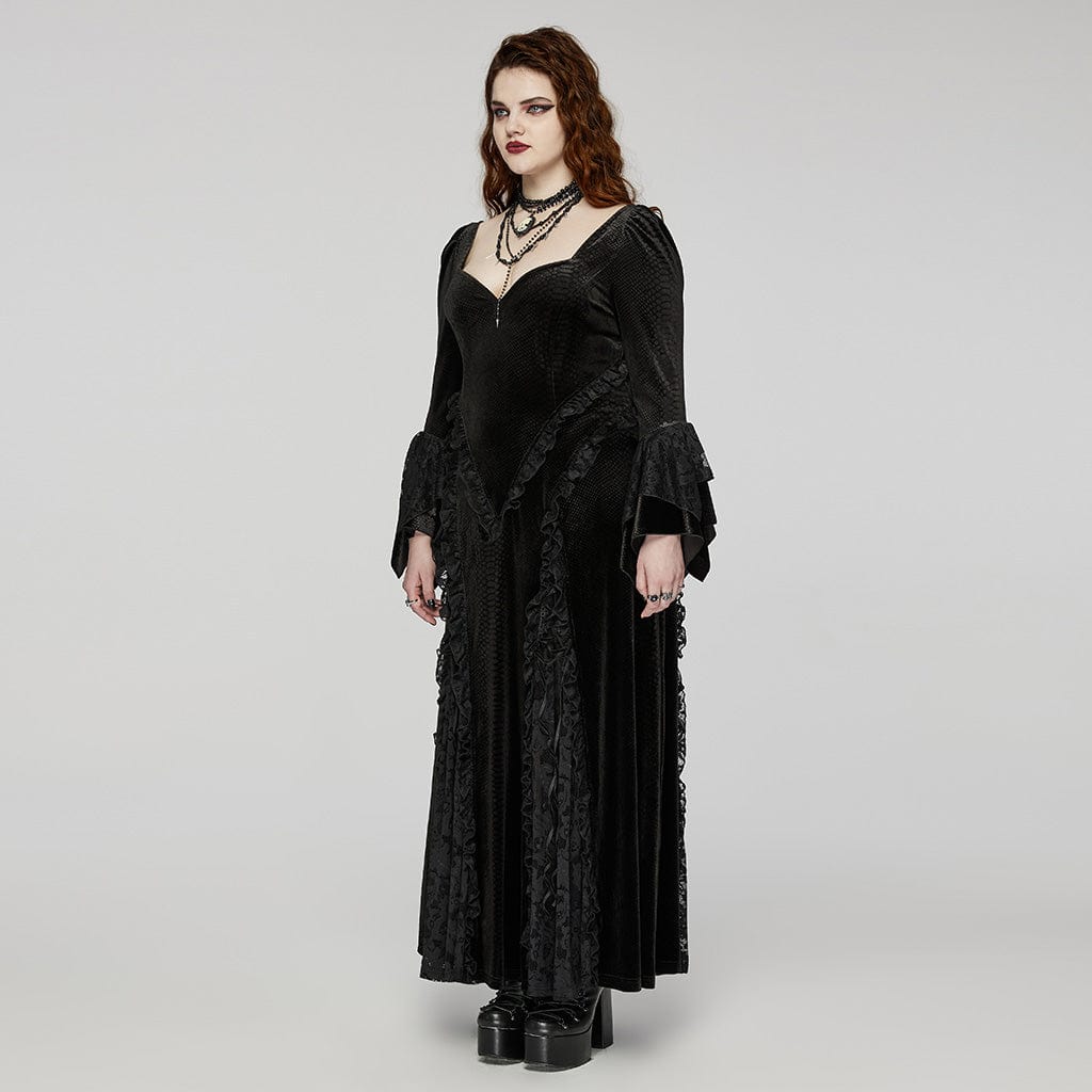 PUNK RAVE Women's Plus Size Gothic Flared Sleeved Embossed Velvet Prom Dress