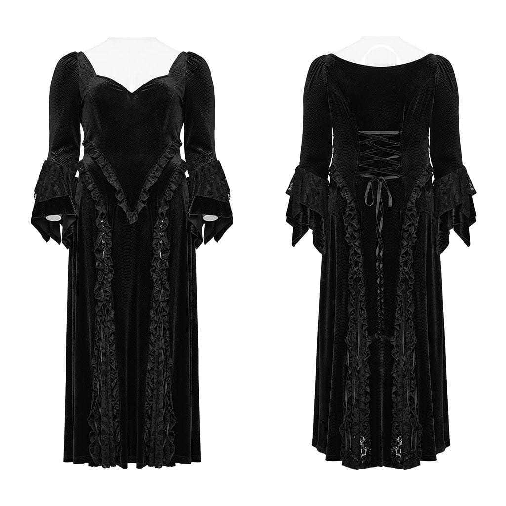 PUNK RAVE Women's Plus Size Gothic Flared Sleeved Embossed Velvet Prom Dress