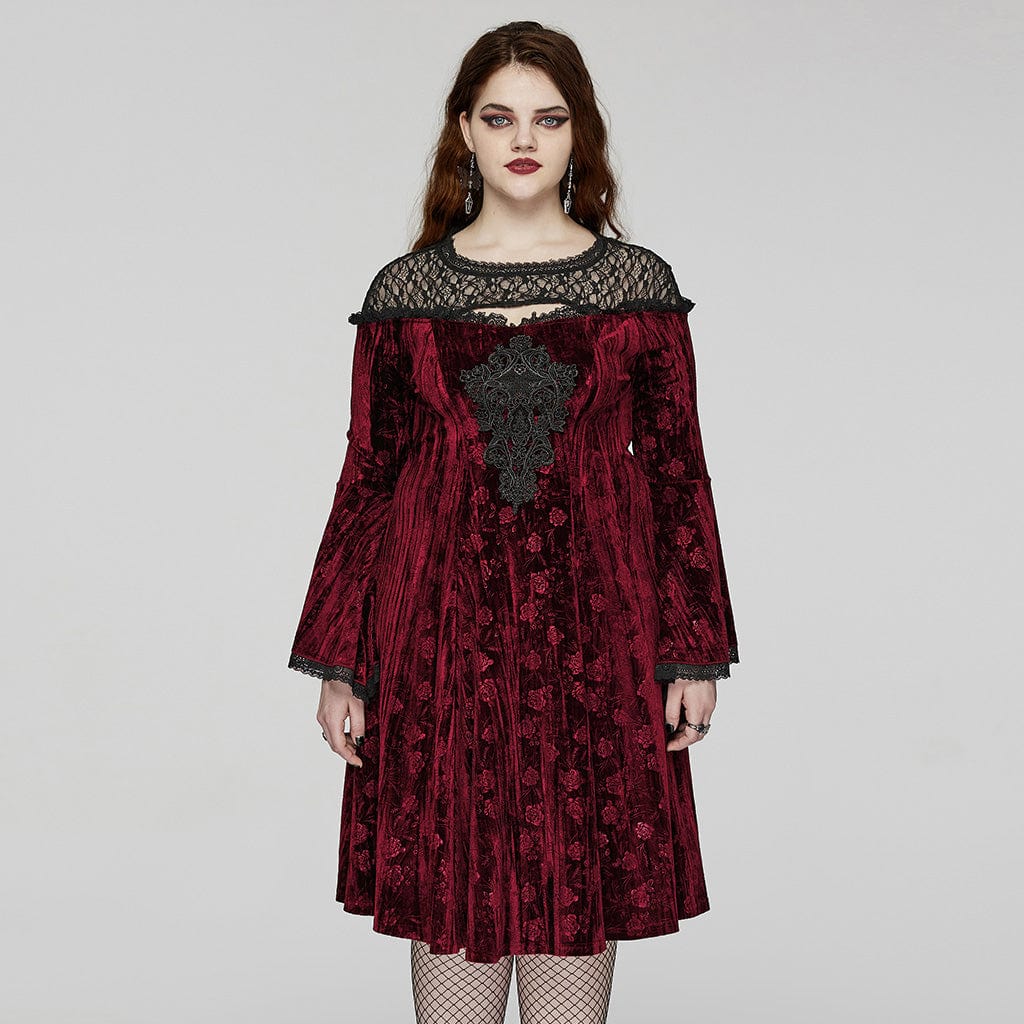 PUNK RAVE Women's Plus Size Gothic Flared Sleeved Embossed Velvet Red Formal Dress