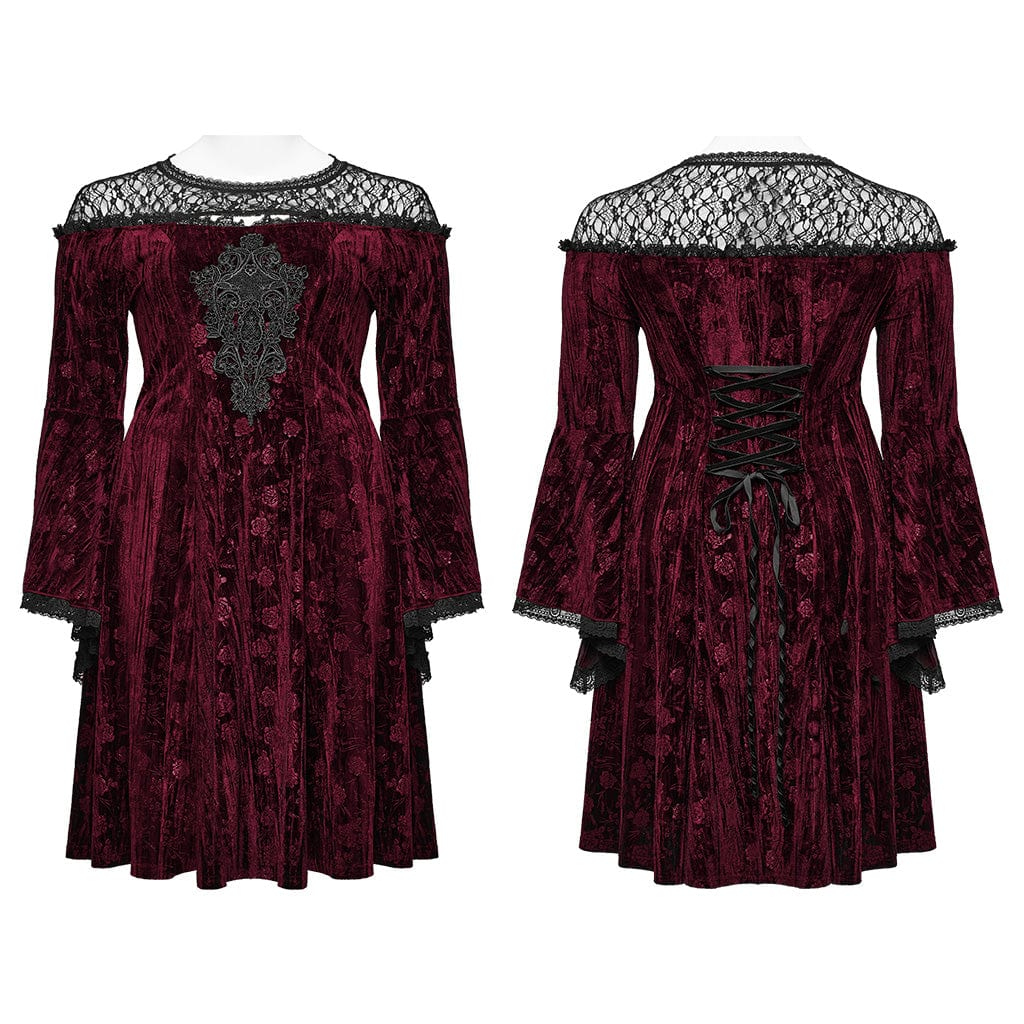 PUNK RAVE Women's Plus Size Gothic Flared Sleeved Embossed Velvet Red Formal Dress