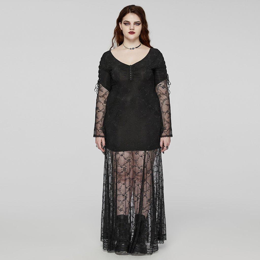 plus size gothic prom dresses Women's Plus Size Gothic Flared Sleeved Lace-up Lace Prom Dress – Punk  Design