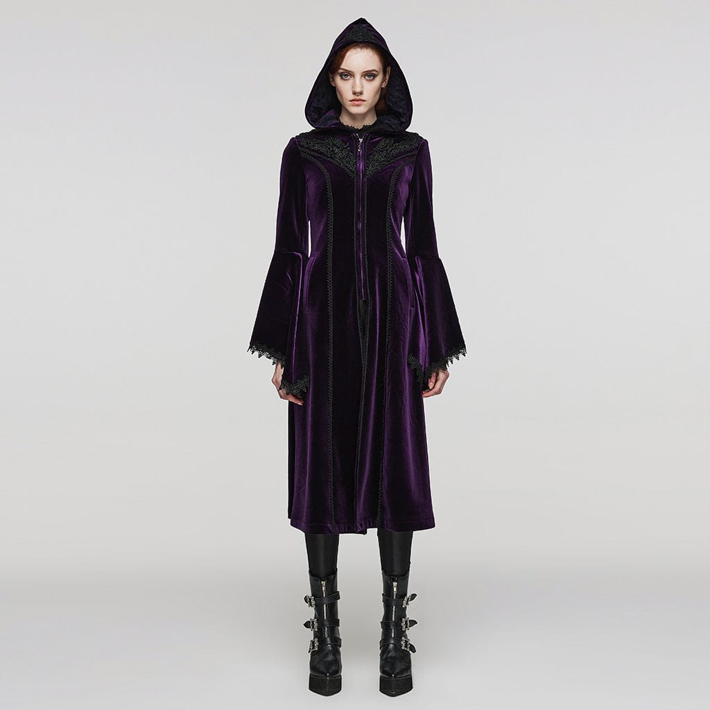 PUNK RAVE Women's Plus Size Gothic Flared Sleeved Velvet Coat with Hood