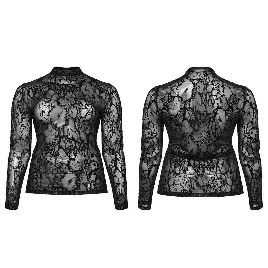 PUNK RAVE Women's Plus Size Gothic Flocking Sheer Mesh Top