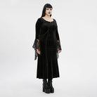 PUNK RAVE Women's Plus Size Gothic Floral Embroidered Lace Splice Velvet Gown Dress Black