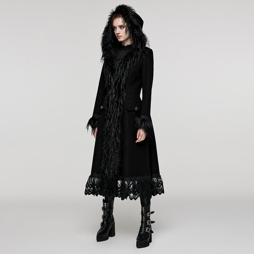 PUNK RAVE Women's Plus Size Gothic Fluffy Splice Lace Hem Coat with Hood
