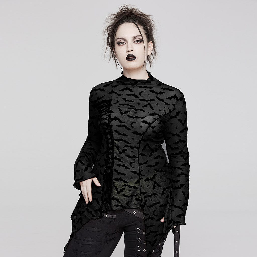 PUNK RAVE Women's Plus Size Gothic Irregular Bat Mesh Shirt
