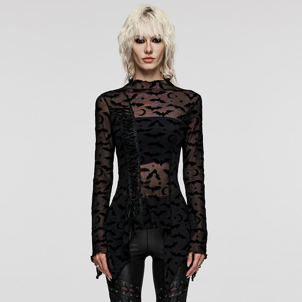 PUNK RAVE Damen-Gothic-Shirt mit unregelmäßigem Fledermaus-Netzstoff in Übergröße