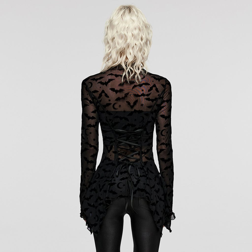 PUNK RAVE Damen-Gothic-Shirt mit unregelmäßigem Fledermaus-Netzstoff in Übergröße