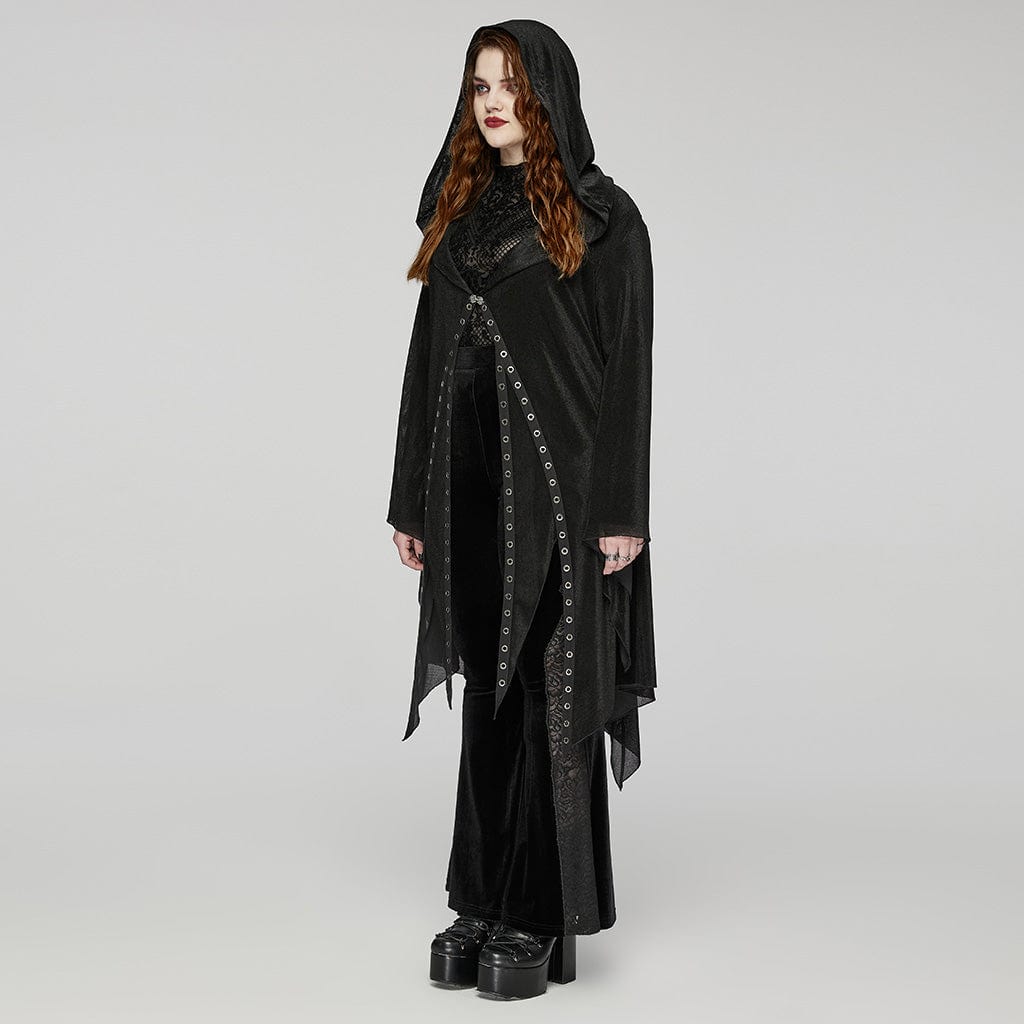 PUNK RAVE Women's Plus Size Gothic Irregular Eyelet Mesh Cardigan with Hood