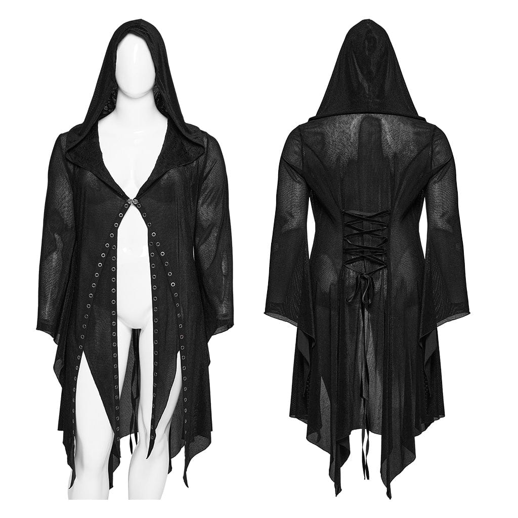 PUNK RAVE Women's Plus Size Gothic Irregular Eyelet Mesh Cardigan with Hood