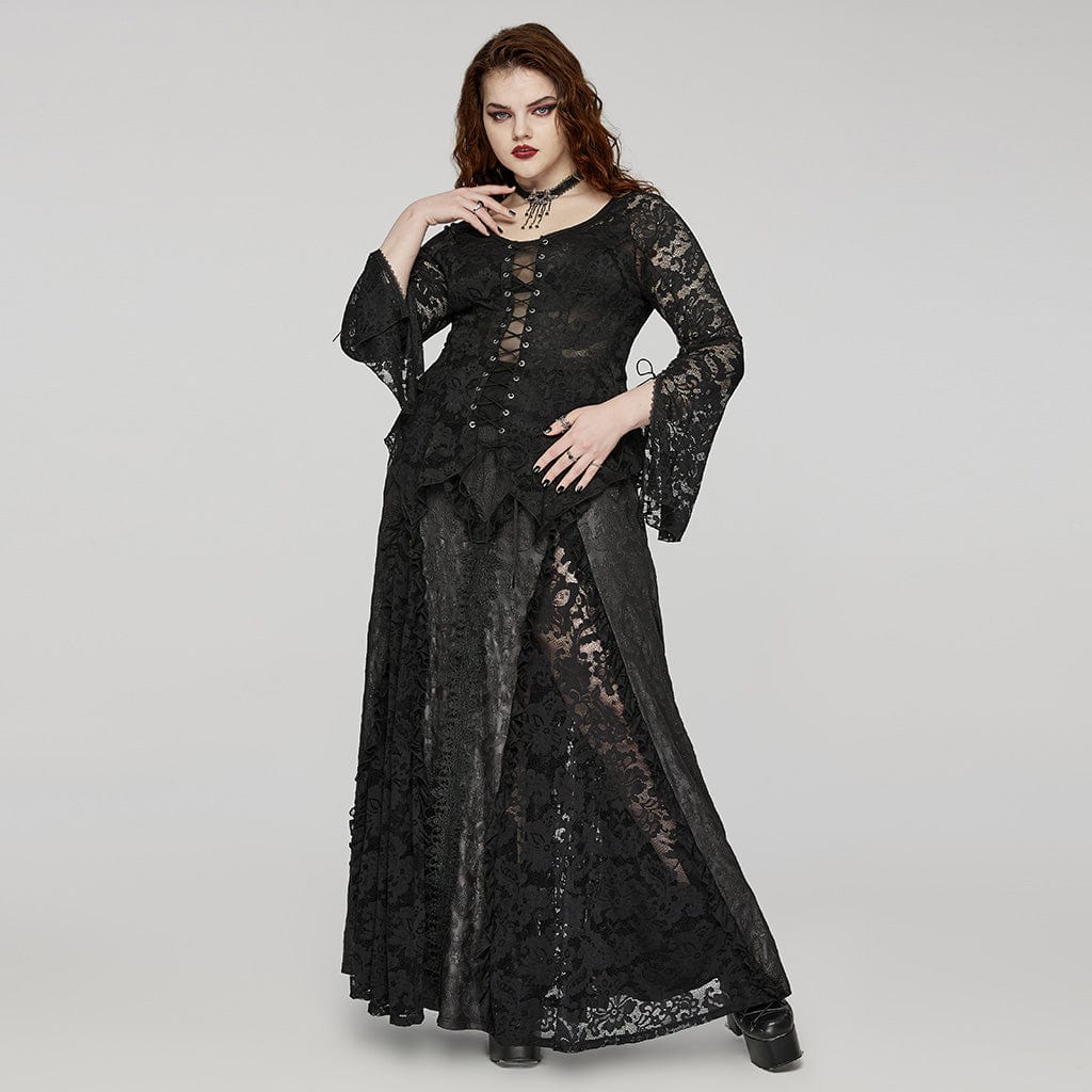 PUNK RAVE Women's Plus Size Gothic Irregular Lace-up Lace Top