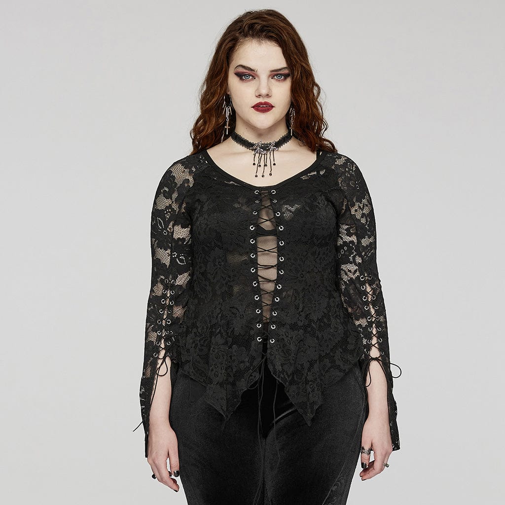 PUNK RAVE Women's Plus Size Gothic Irregular Lace-up Lace Top