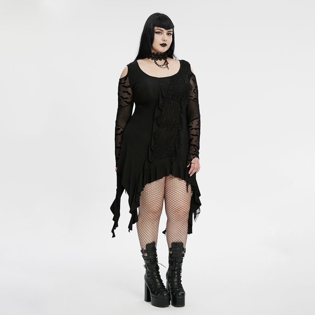 PUNK RAVE Women's Plus Size Gothic Irregular Off-the-shoulder Ruffled Witch Dress