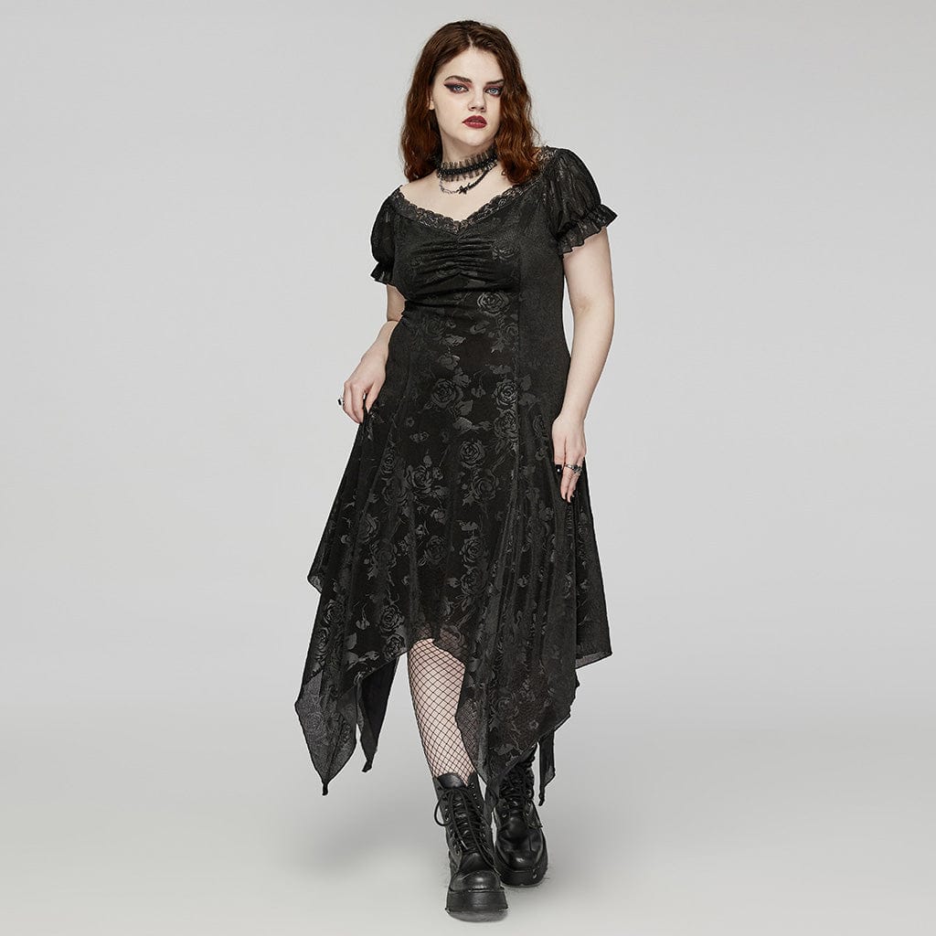 PUNK RAVE Women's Plus Size Gothic Irregular Plunging Embossed Honeymoon Dress