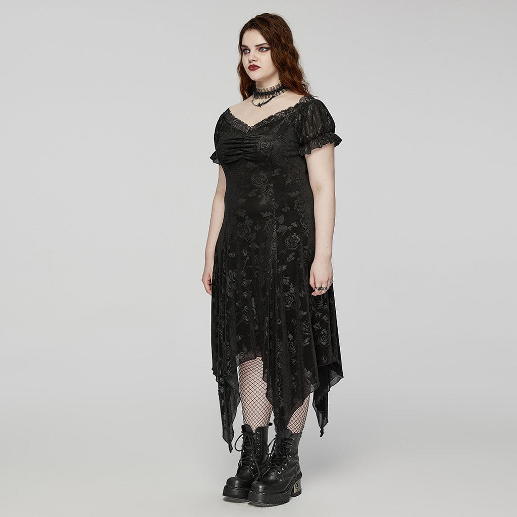 PUNK RAVE Women's Plus Size Gothic Irregular Plunging Embossed Honeymoon Dress