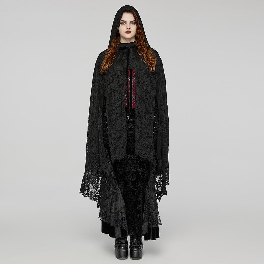 PUNK RAVE Women's Plus Size Gothic Irregular Split Lace Cape with Hood