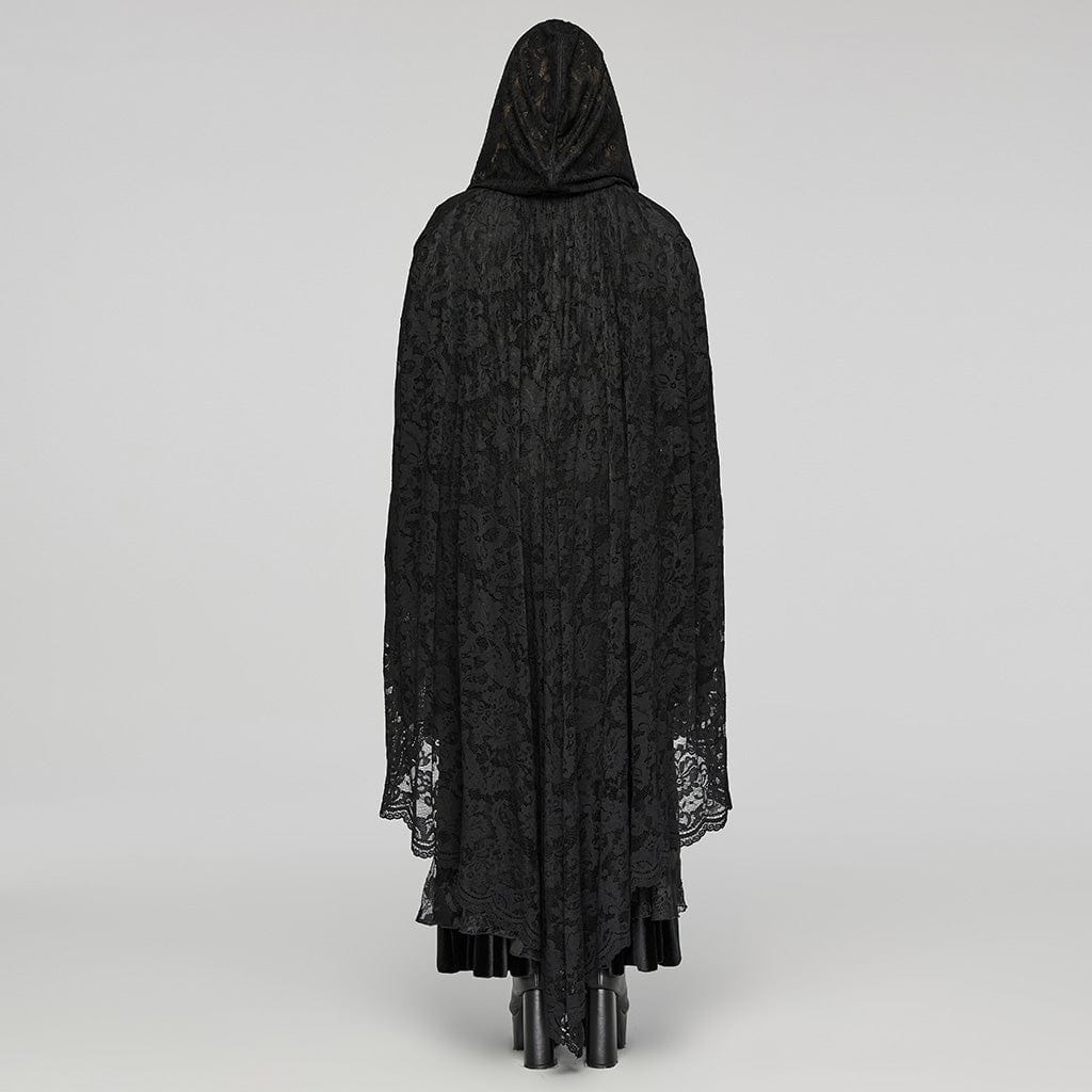 PUNK RAVE Women's Plus Size Gothic Irregular Split Lace Cape with Hood