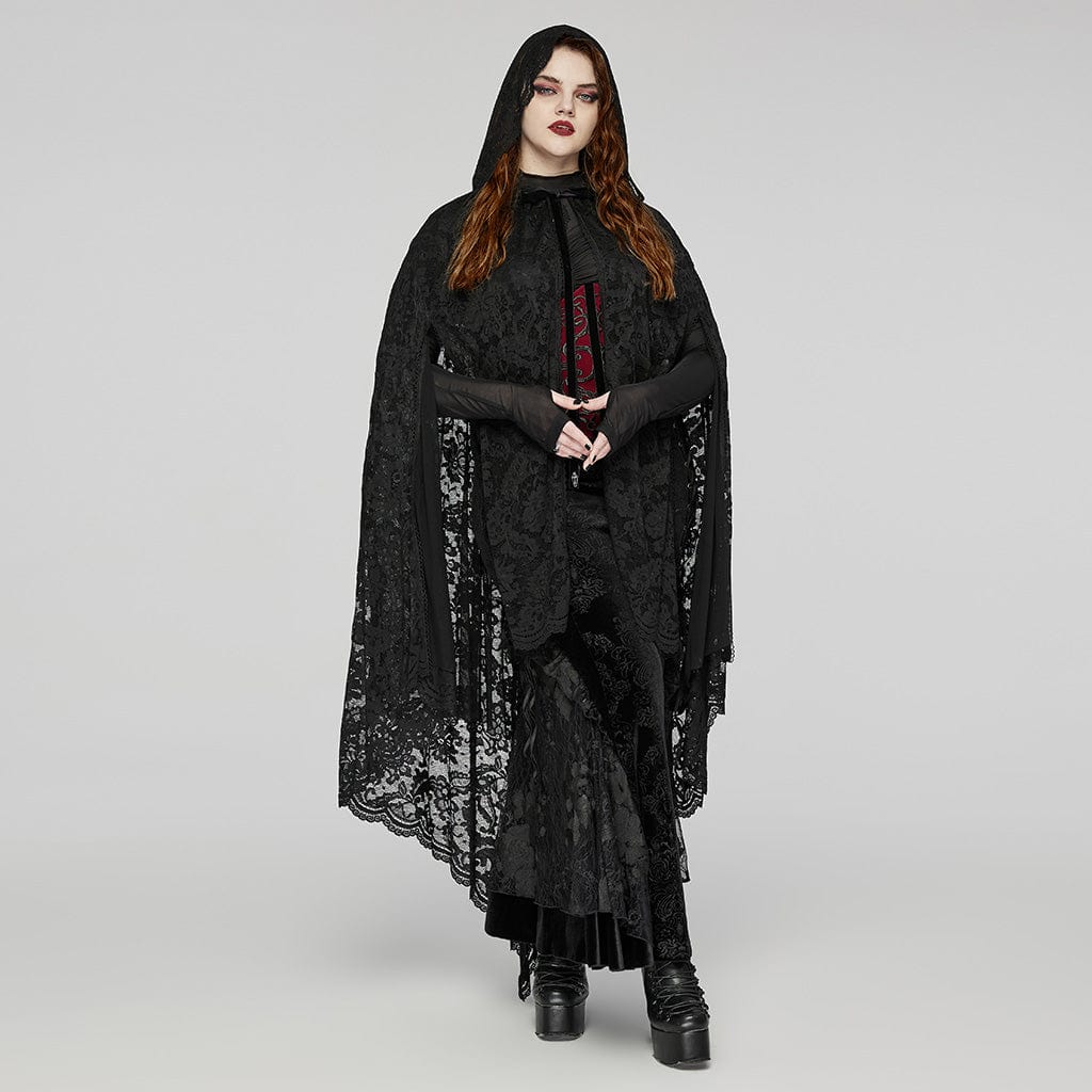 PUNK RAVE Women's Plus Size Gothic Irregular Split Lace Cape with Hood