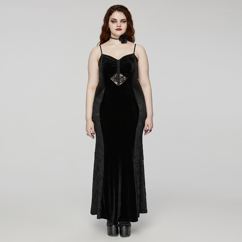 Women's Plus Size Gothic Lace Splice Velvet Fishtail Evening Slip Dress   Punk Design