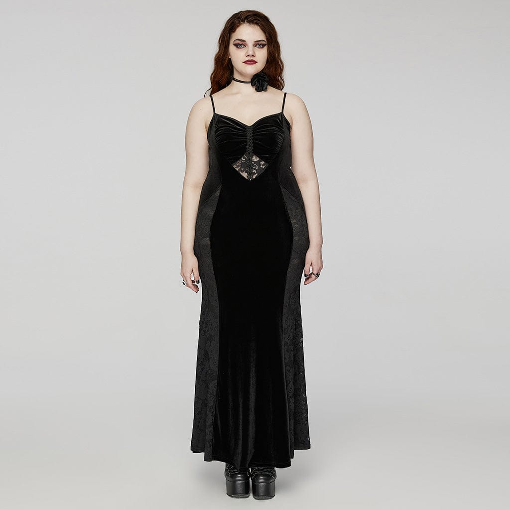 PUNK RAVE Women's Plus Size Gothic Lace Splice Velvet Fishtail Evening Slip Dress