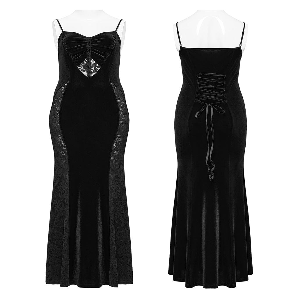 PUNK RAVE Women's Plus Size Gothic Lace Splice Velvet Fishtail Evening Slip Dress