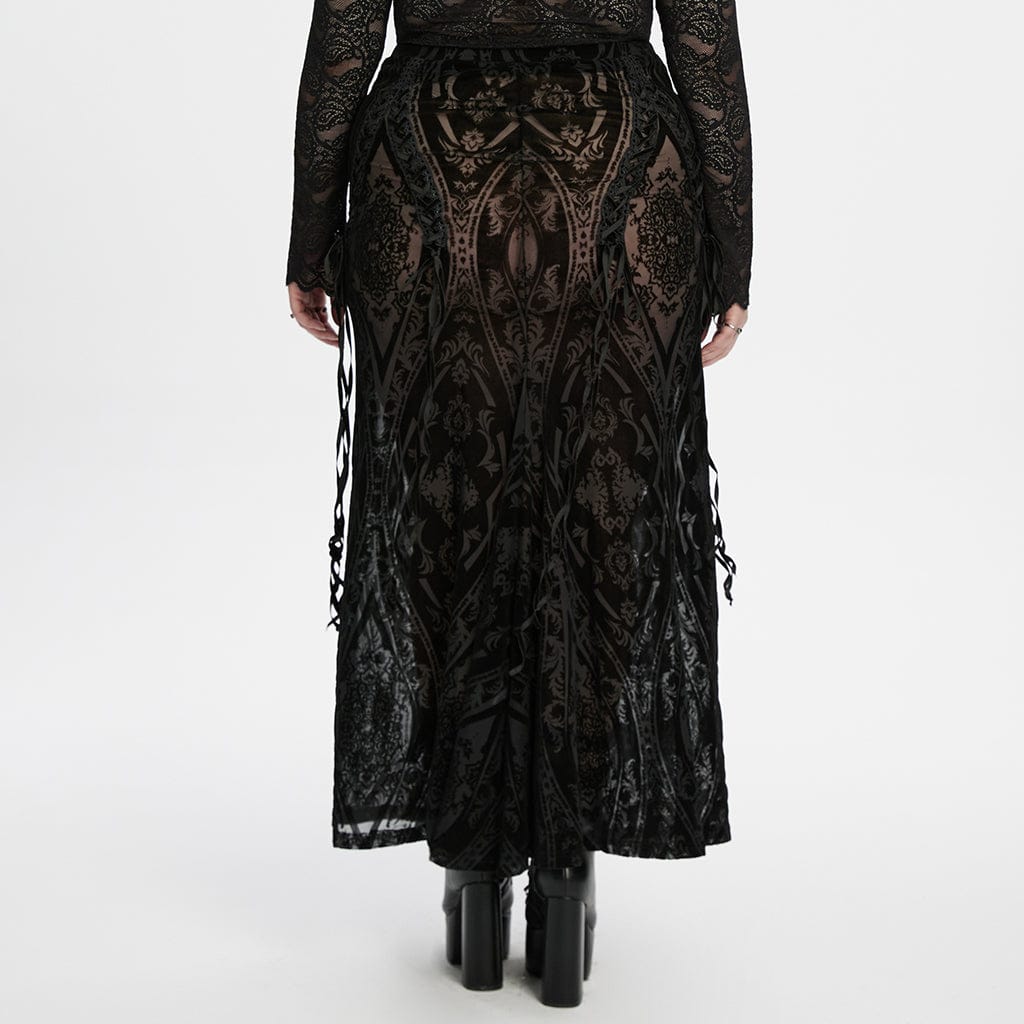 PUNK RAVE Women's Plus Size Gothic Lace-up Sheer Flocked Mesh Skirt