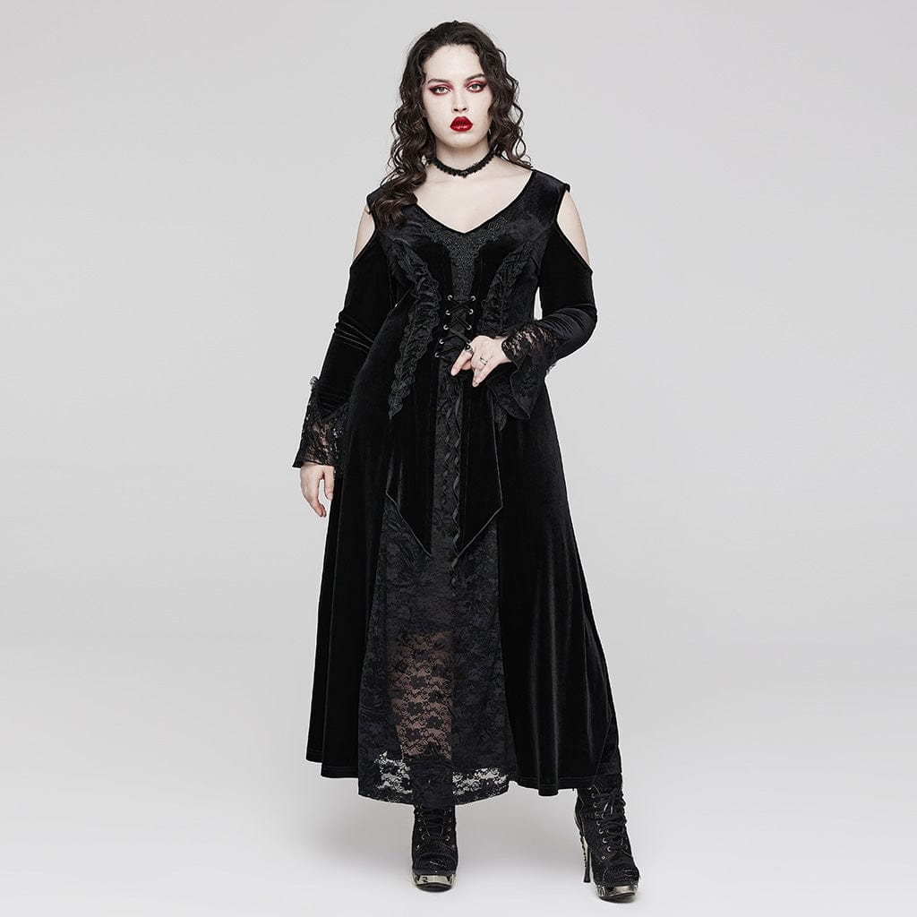 PUNK RAVE Women's Plus Size Gothic Off Shoulder Lace Splice Velvet Dress