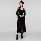 PUNK RAVE Women's Plus Size Gothic Off Shoulder Lace Splice Velvet Dress