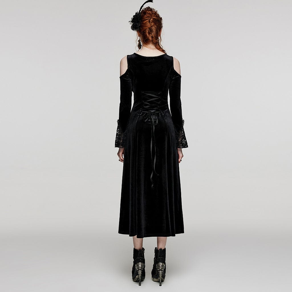 PUNK RAVE Women's Plus Size Gothic Off Shoulder Lace Splice Velvet Dress