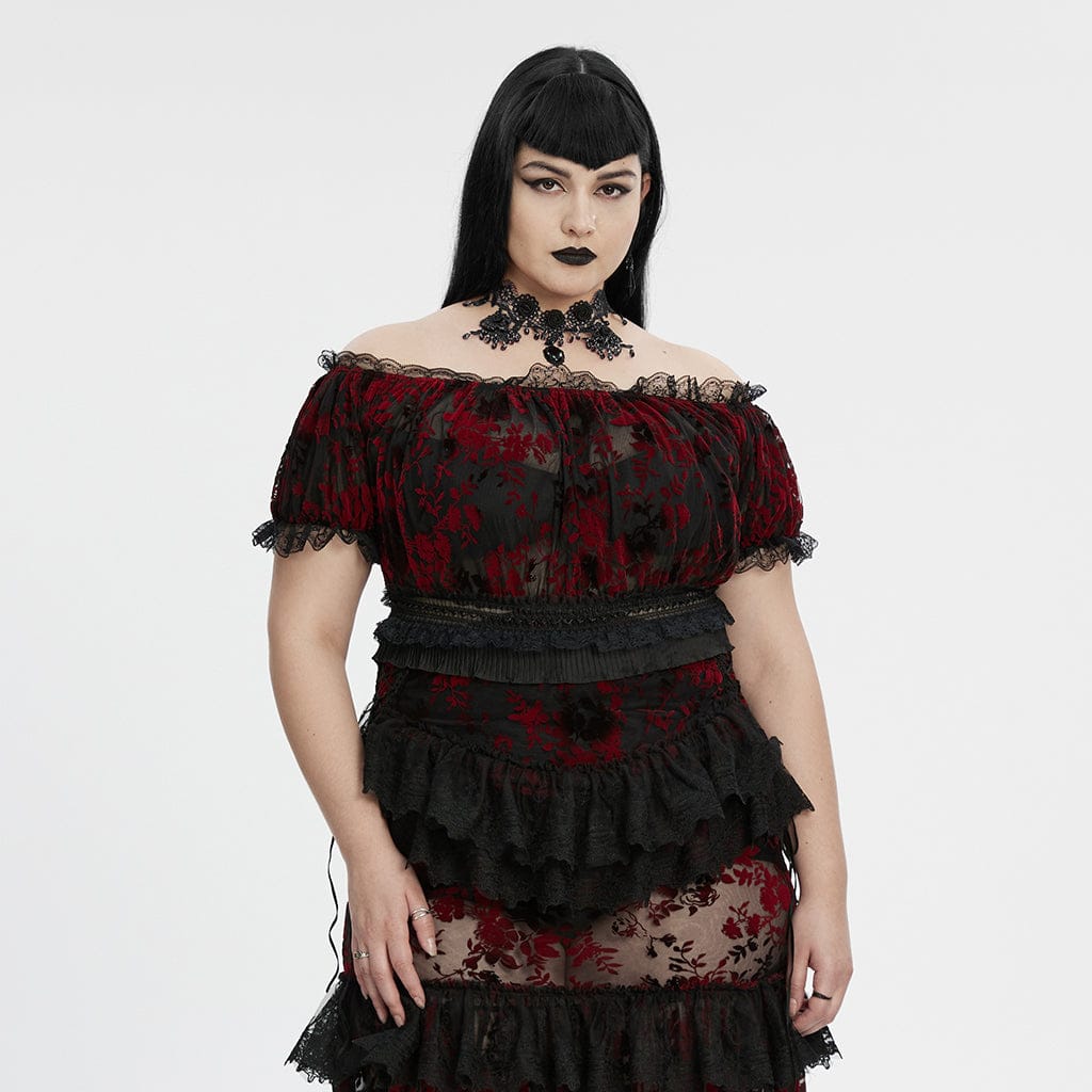PUNK RAVE Women's Plus Size Gothic Off Shoulder Ruffles Sheer Shirt Black-Red
