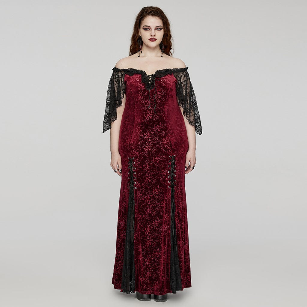 Women's Plus Size Gothic Off-the-shoulder Lace-up Red Velvet Gown Dres –  Punk Design