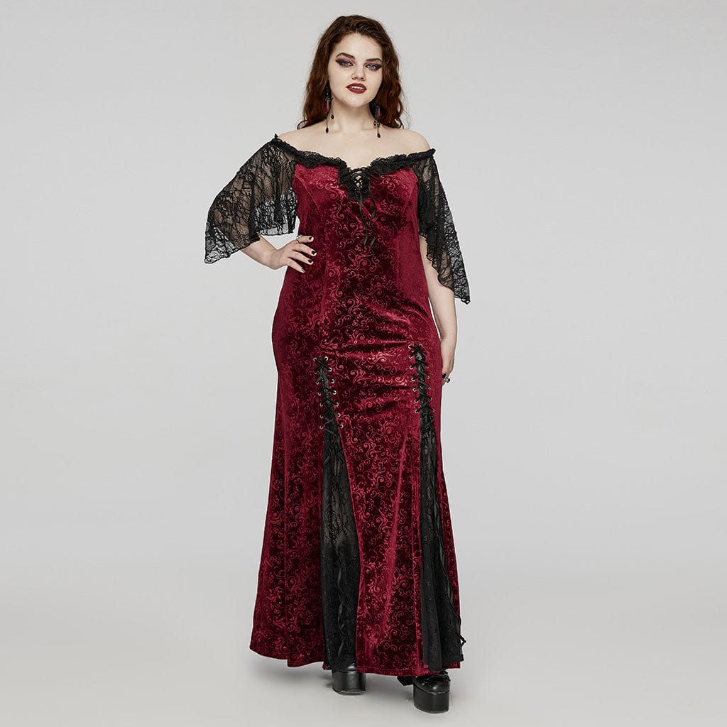 PUNK RAVE Women's Plus Size Gothic Off-the-shoulder Lace-up Red Velvet Gown Dress