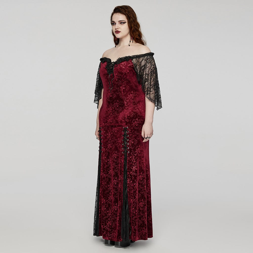 PUNK RAVE Women's Plus Size Gothic Off-the-shoulder Lace-up Red Velvet Gown Dress