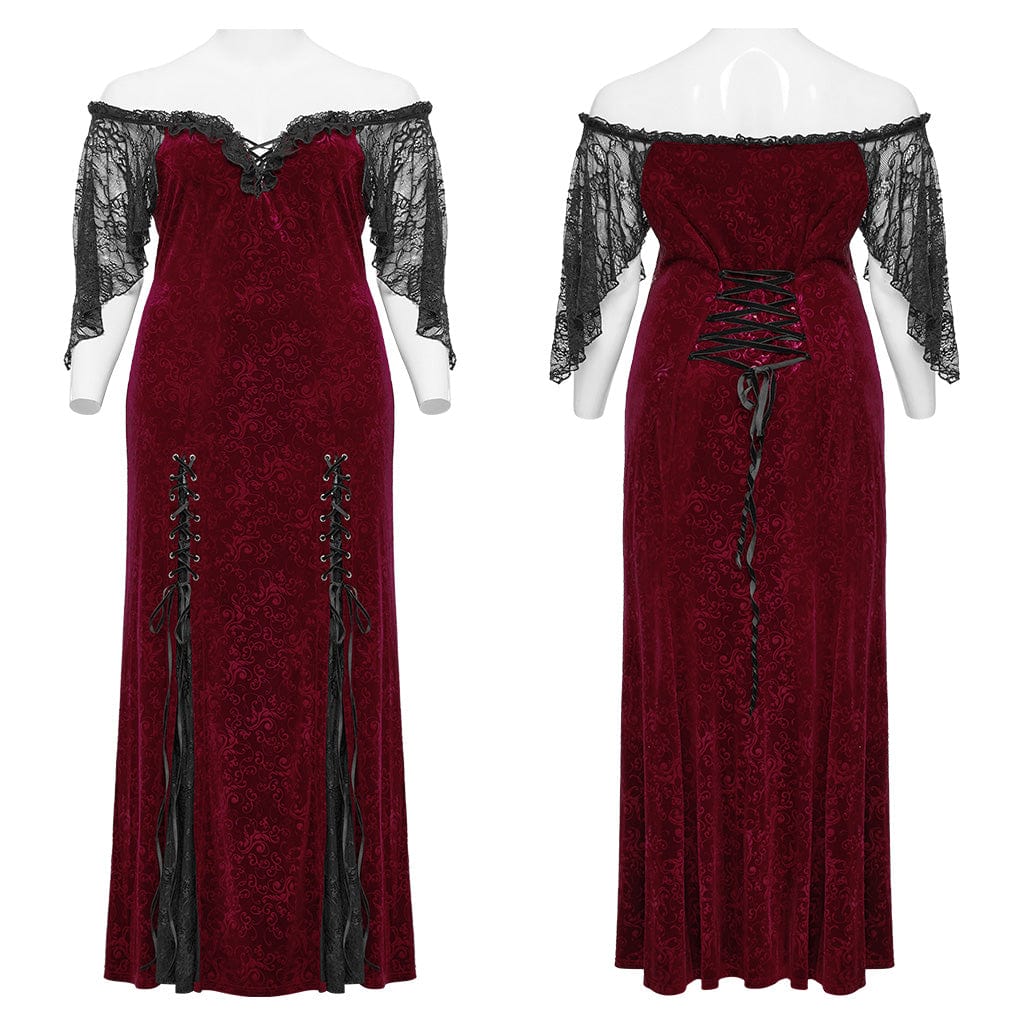 PUNK RAVE Women's Plus Size Gothic Off-the-shoulder Lace-up Red Velvet Gown Dress