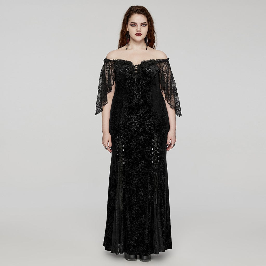 PUNK RAVE Women's Plus Size Gothic Off-the-shoulder Lace-up Velvet Gown Dress