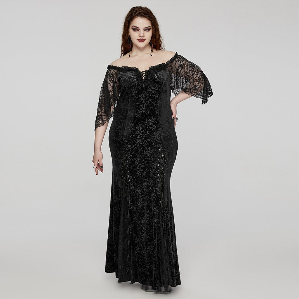 PUNK RAVE Women's Plus Size Gothic Off-the-shoulder Lace-up Velvet Gown Dress