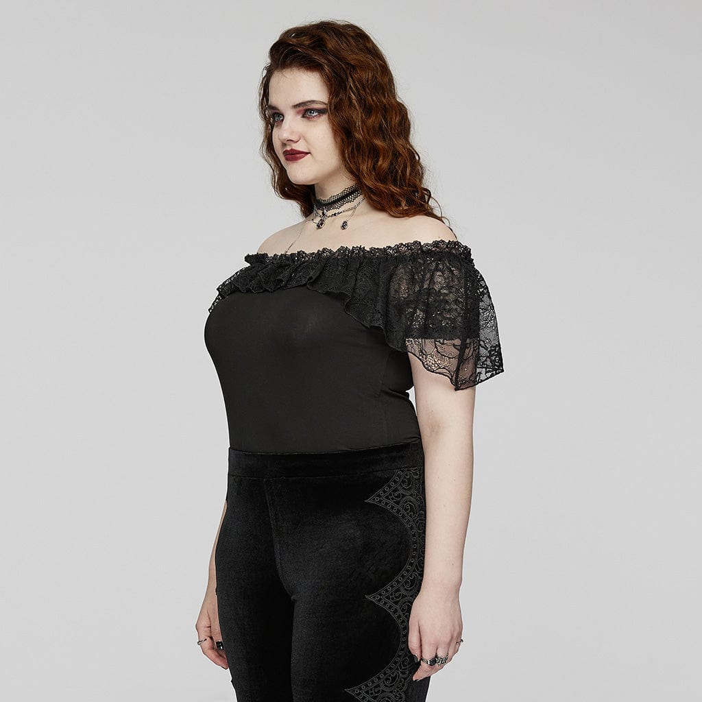 PUNK RAVE Women's Plus Size Gothic Off-the-shoulder Ruffled Lace Splice Top