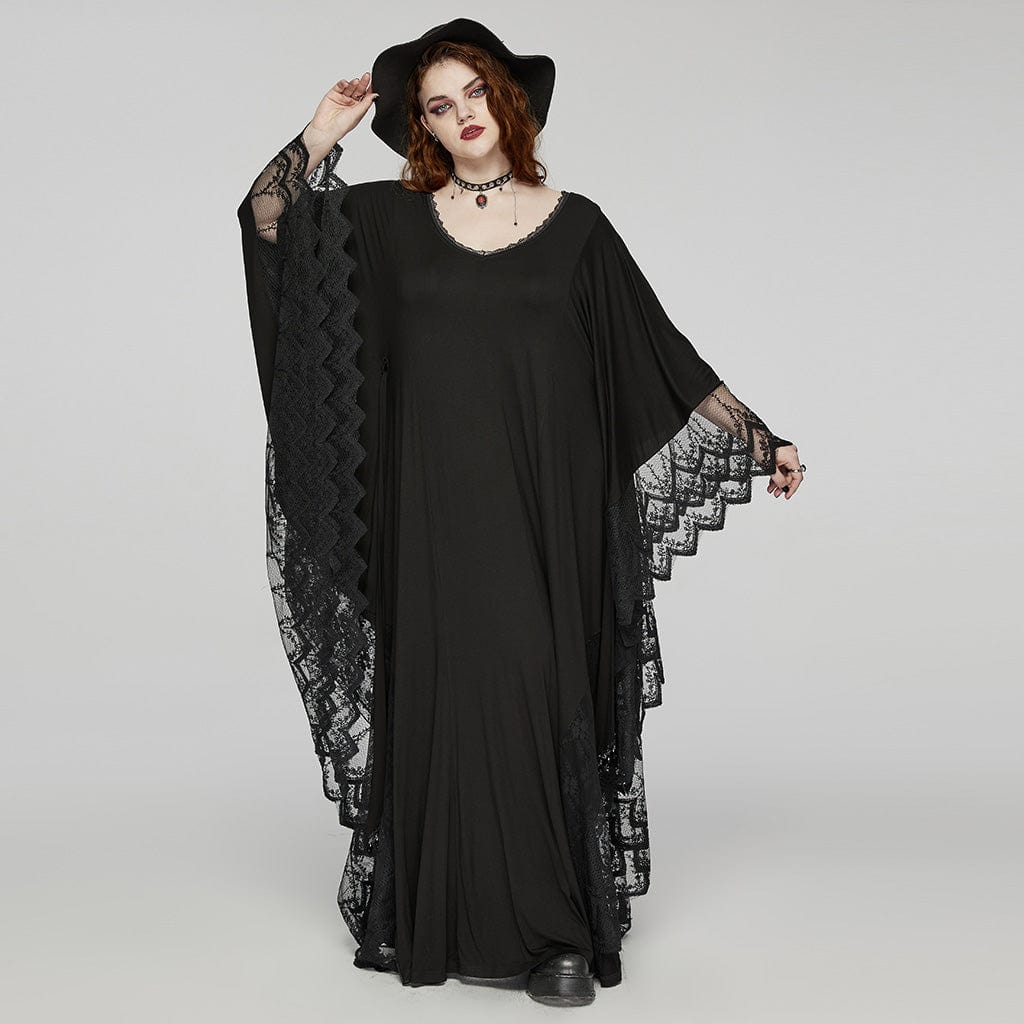 PUNK RAVE Women's Plus Size Gothic Plunging Bat Sleeved Witch Dress