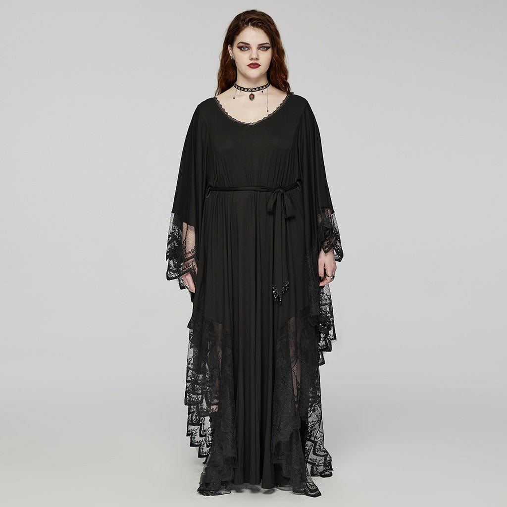 PUNK RAVE Women's Plus Size Gothic Plunging Bat Sleeved Witch Dress