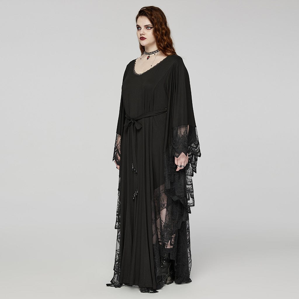 PUNK RAVE Women's Plus Size Gothic Plunging Bat Sleeved Witch Dress