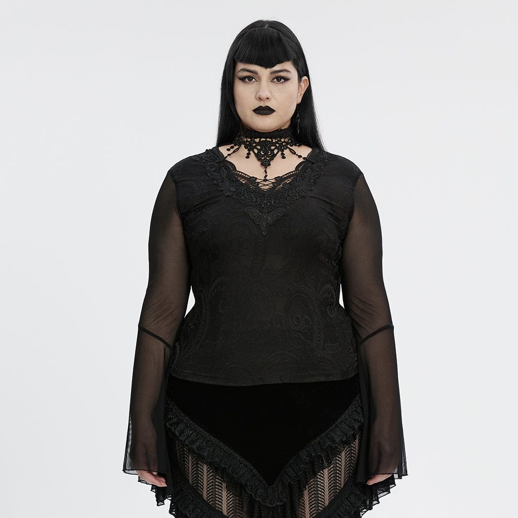 PUNK RAVE Women's Plus Size Gothic Plunging Flared Sleeved Lace-up Shirt