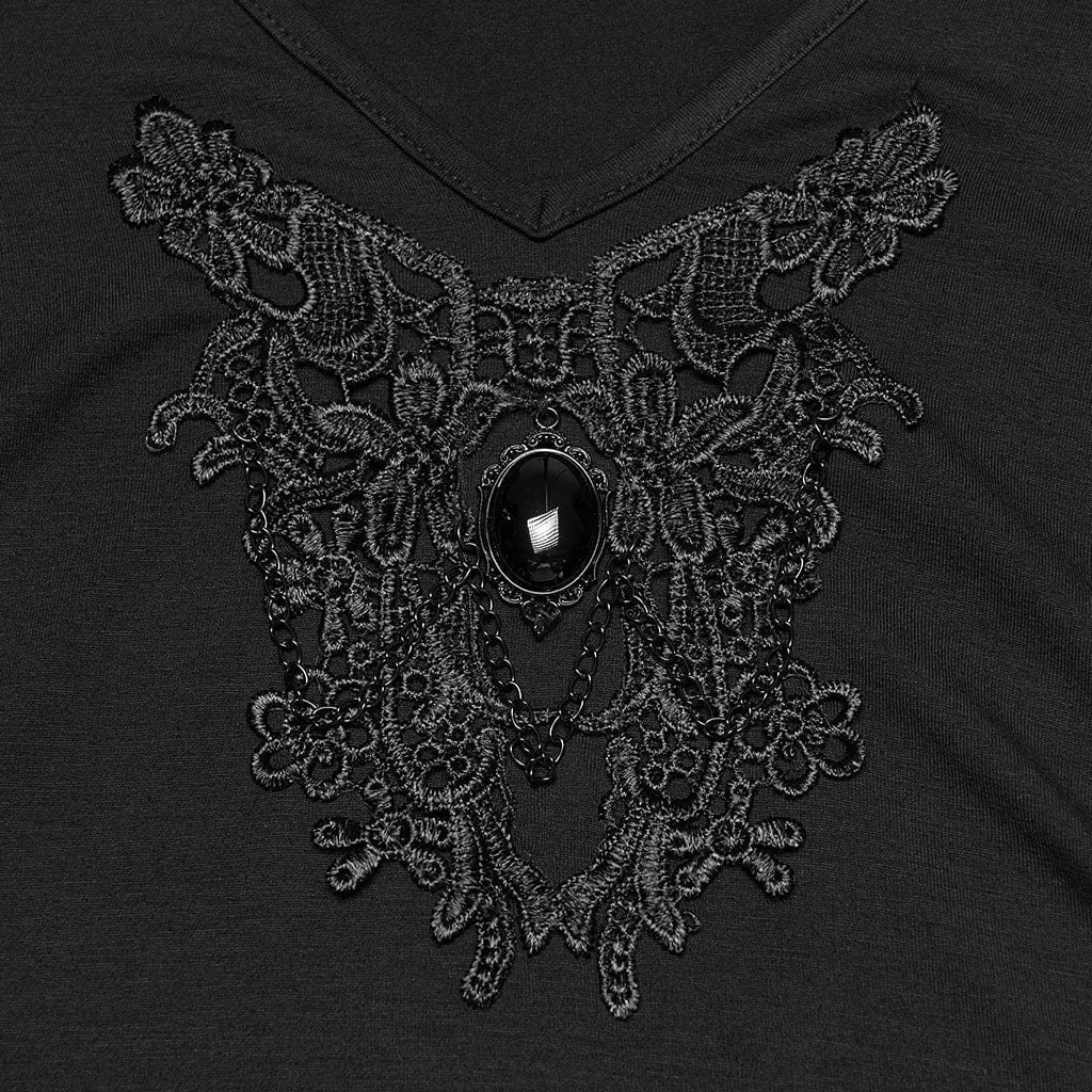 PUNK RAVE Women's Plus Size Gothic Plunging Floral Embroidered T-shirt