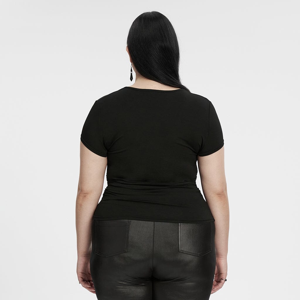 Women's Plus Size Gothic Plunging Floral Embroidered T-shirt