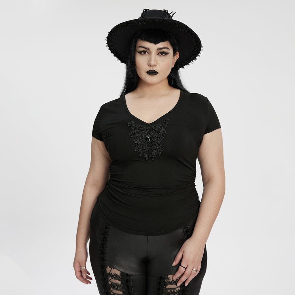 PUNK RAVE Women's Plus Size Gothic Plunging Floral Embroidered T-shirt