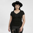 PUNK RAVE Women's Plus Size Gothic Plunging Floral Embroidered T-shirt